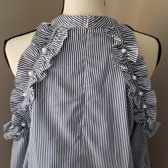 Striped Ruffle Cold Shoulder Blouse - Picture 6 of 8